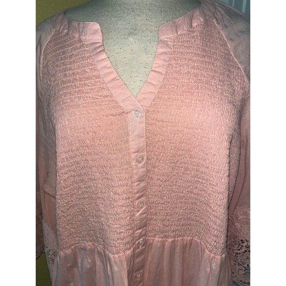 Womens Tunic Pink Lace Trim Smocked Front Button-Down Blouse Size 16 EC 46" Bust - Picture 3 of 6